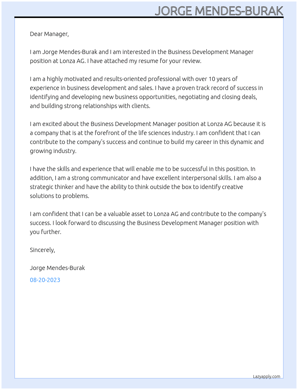 Business Development Manager At Lonza AG Cover Letter