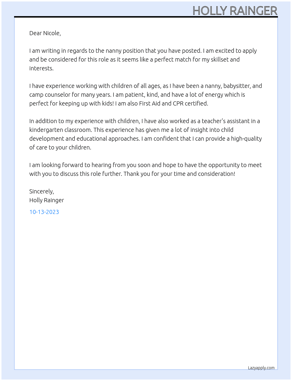 Nanny At Nanny Cover Letter
