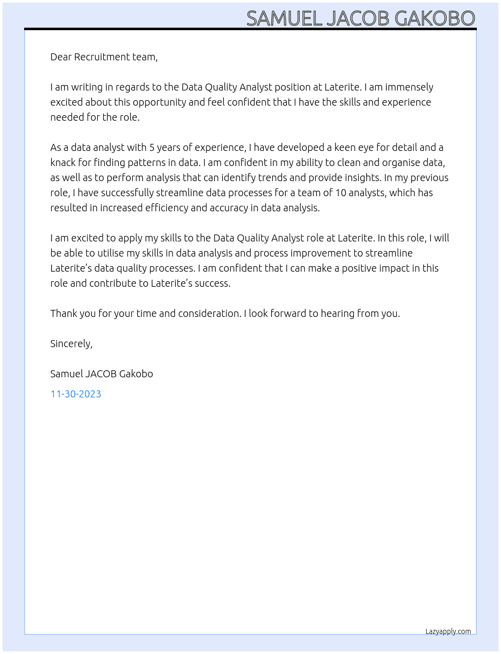 Data Quality Analyst At Laterite Cover Letter