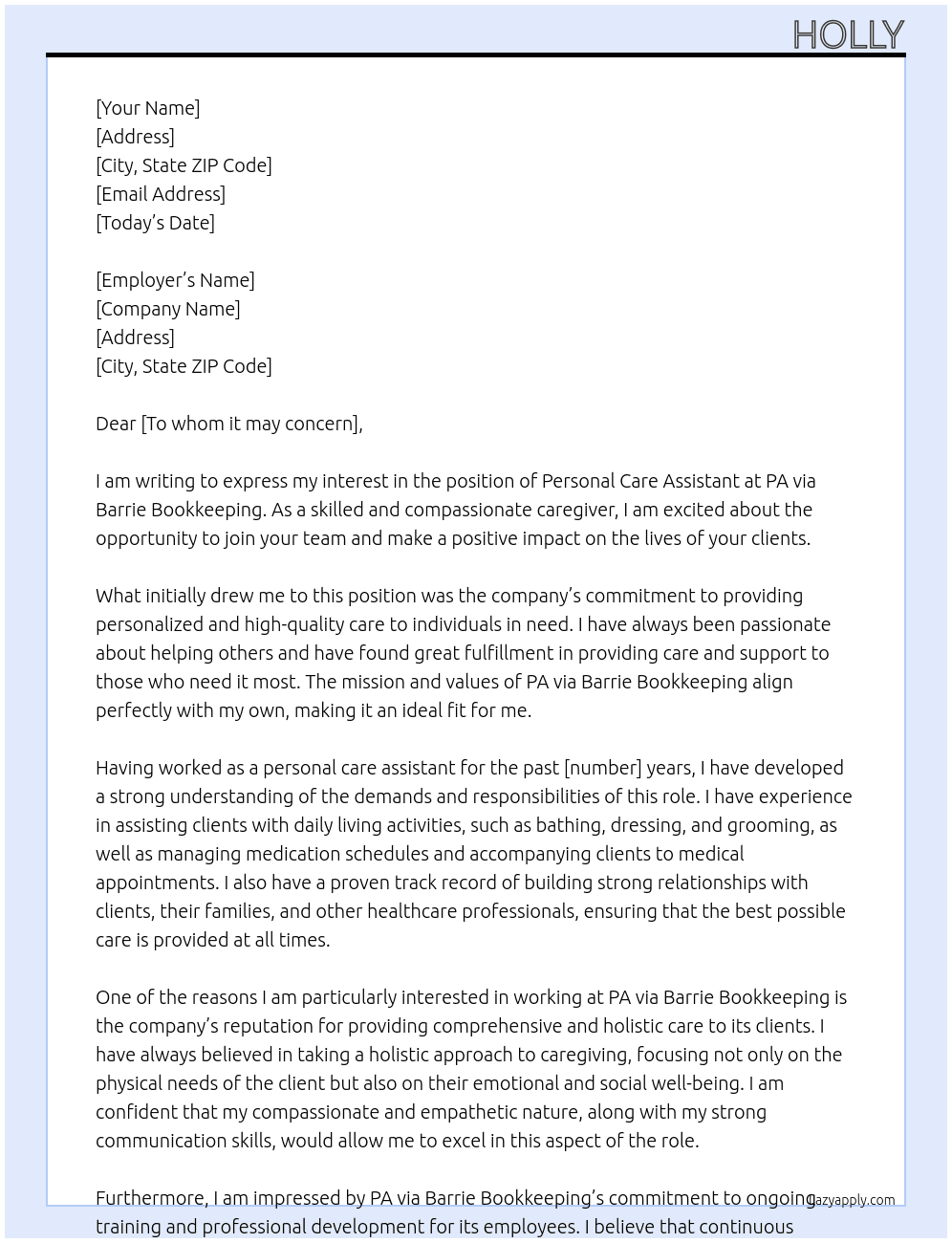 personal care assistant At PA via Barrie Bookkeeping Cover Letter