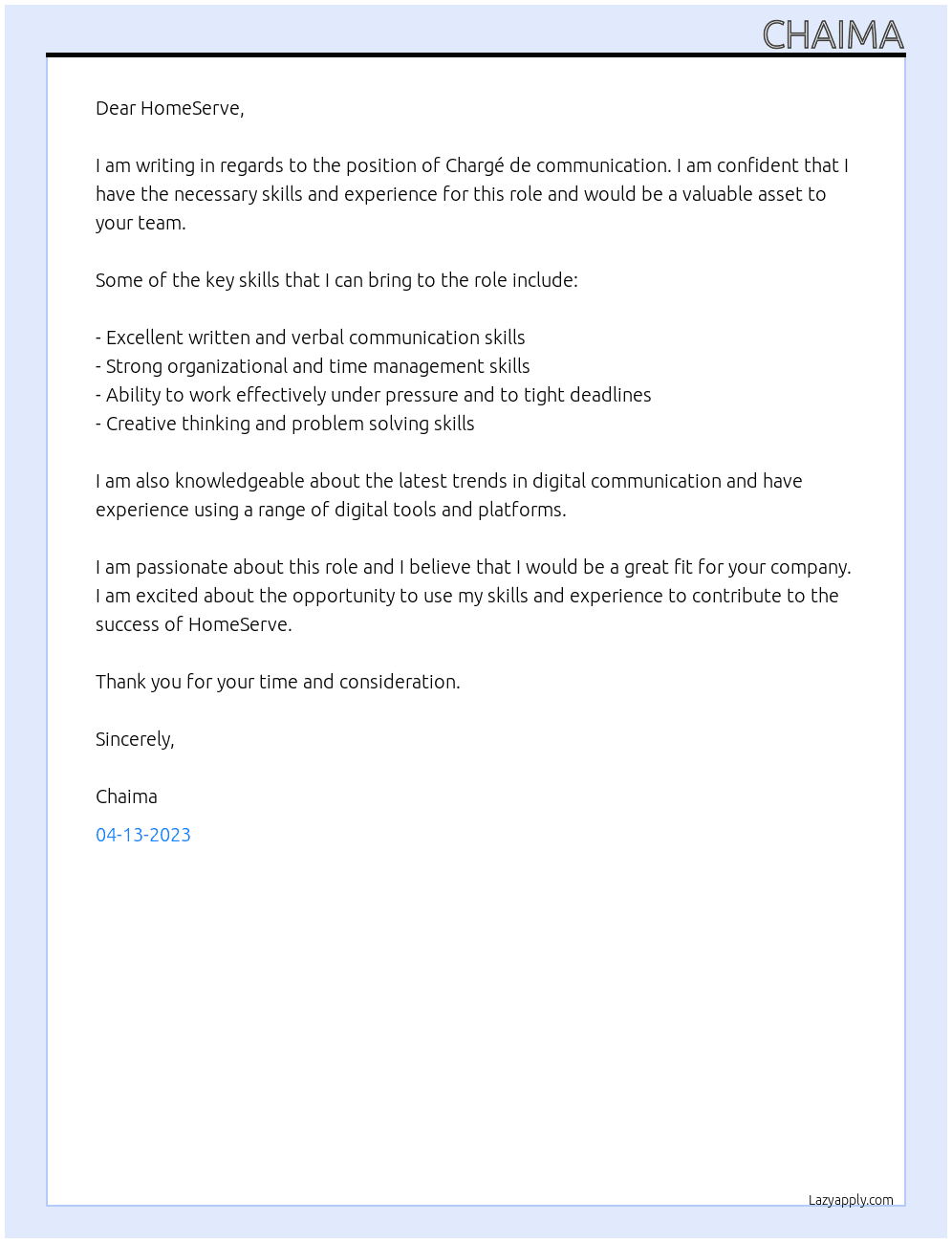 Chargé de communication At HomeServe Cover Letter