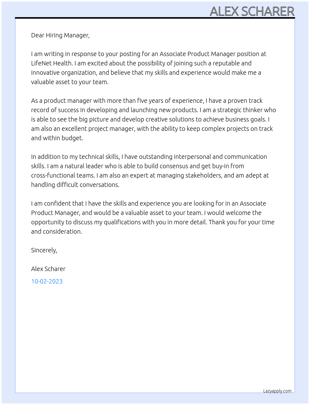 Associate Product Manager At LifeNet Health Cover Letter
