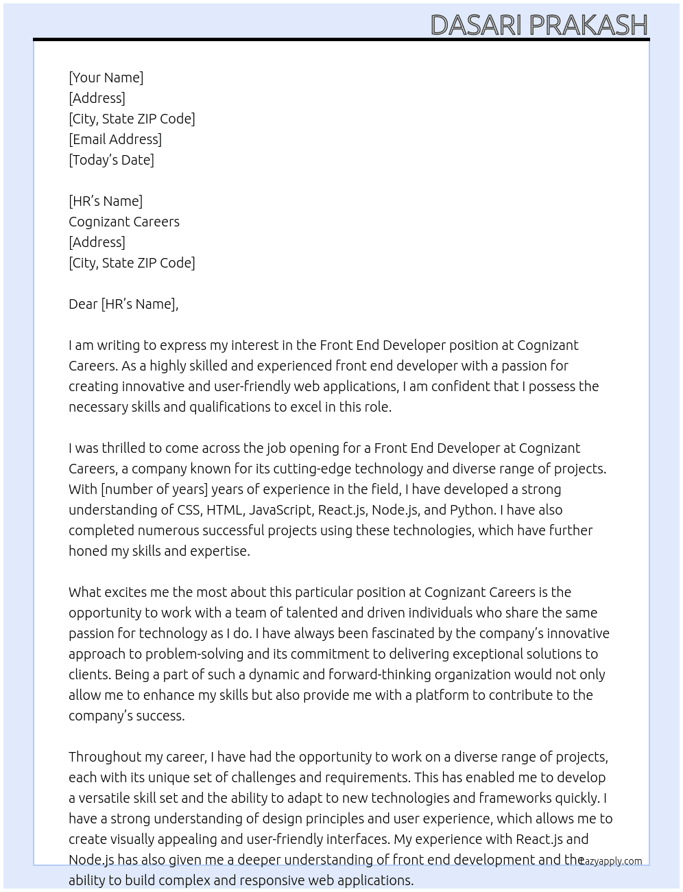 Front End Developer At Cognizant Careers Cover Letter