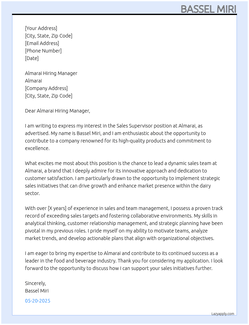 Sales Supervisor  At Almarai Cover Letter