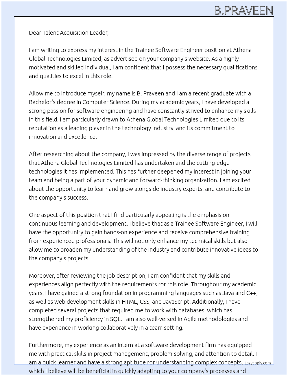 Trainee Software Engineer At Athena Global Technologies Limited Cover Letter