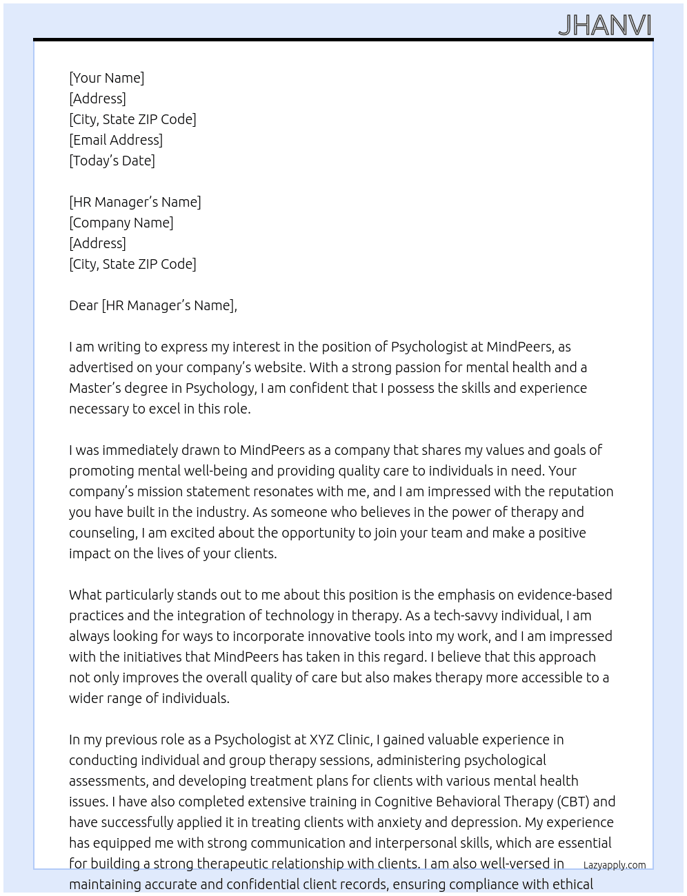 Psychologist At MindPeers Cover Letter