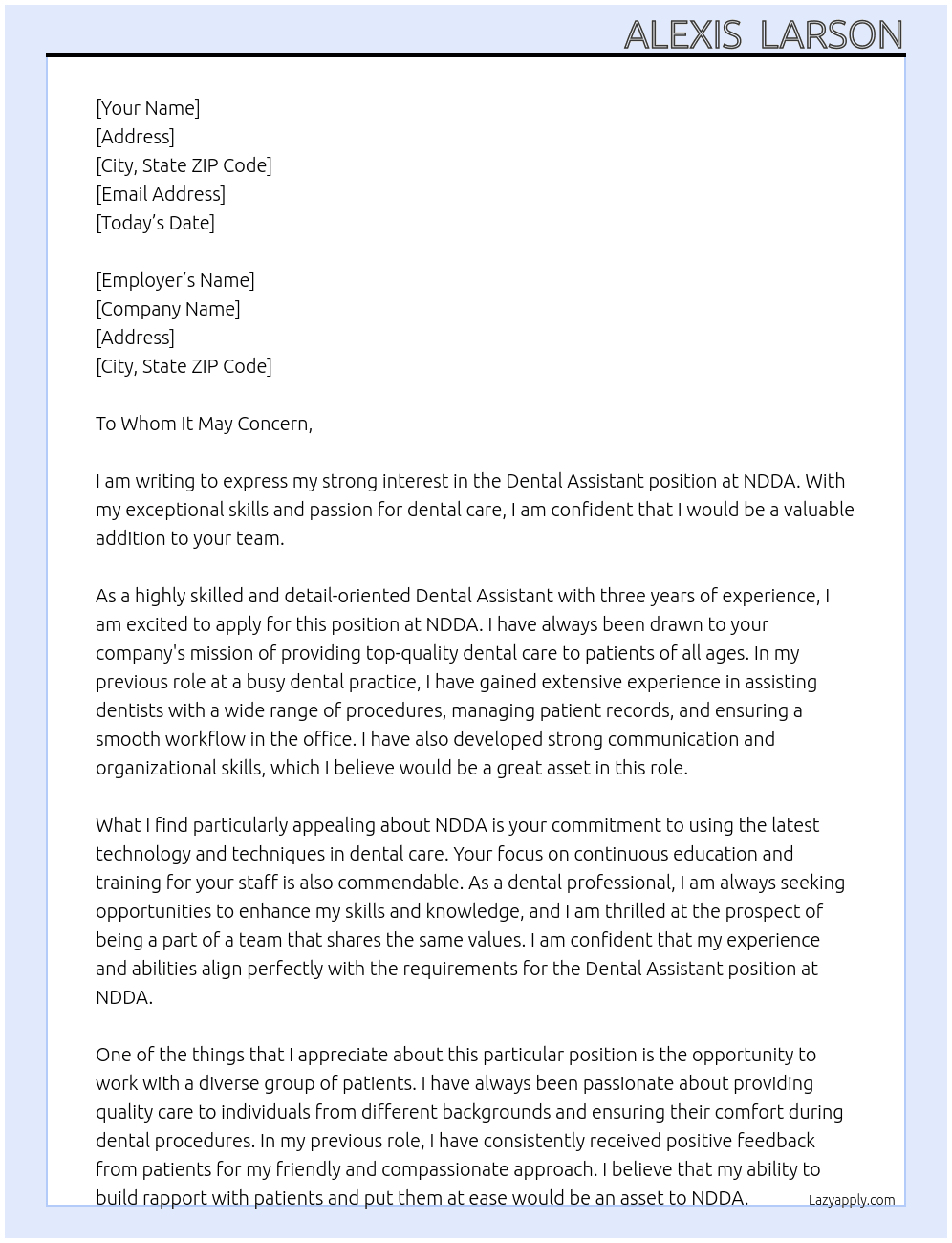 Dental assistant  At NDDA Cover Letter