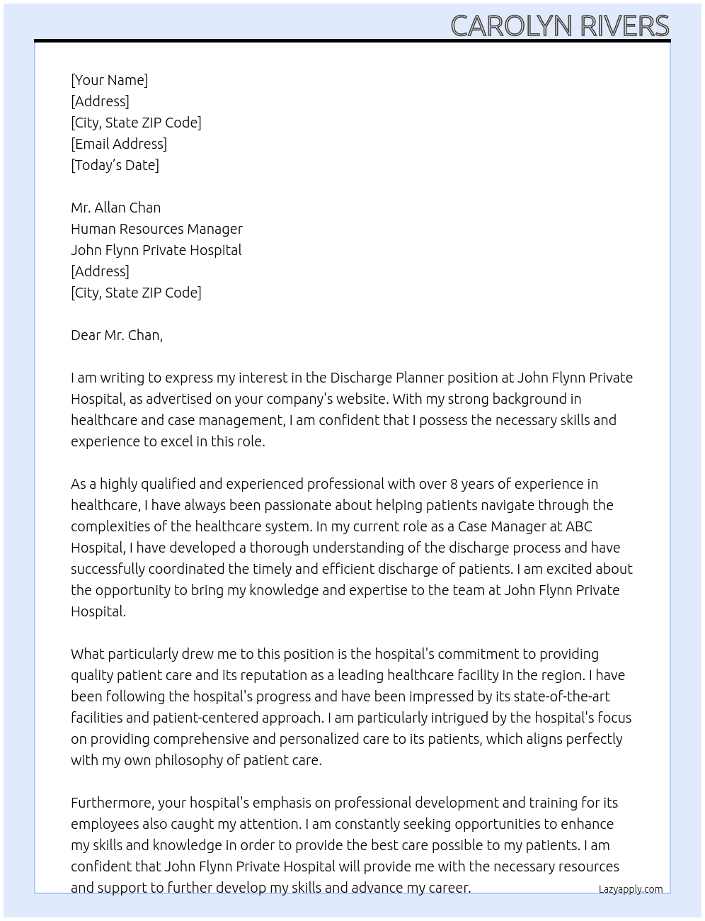 Discharge planner At John Flynn Private Hospital Cover Letter