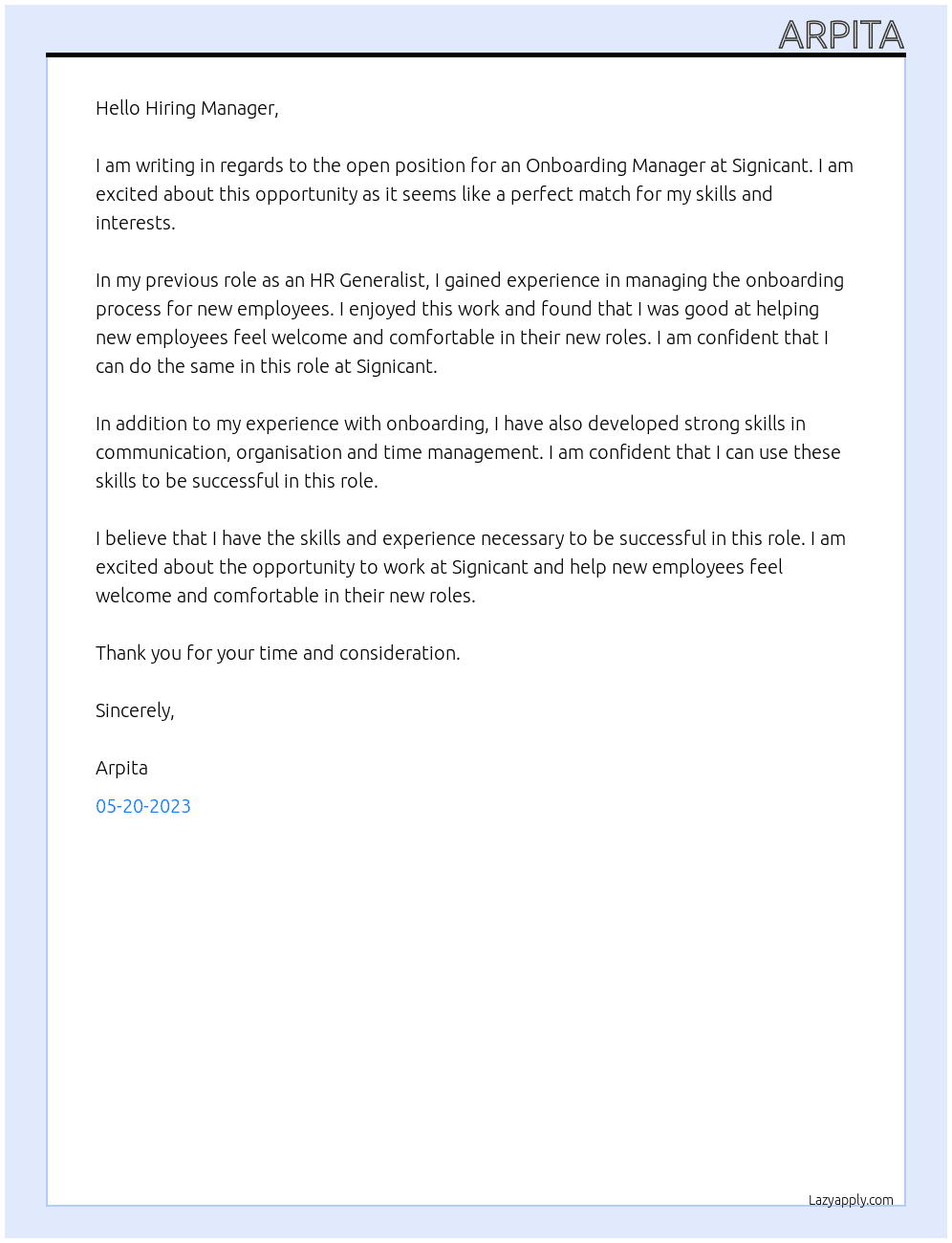 onboarding manager At signicant Cover Letter