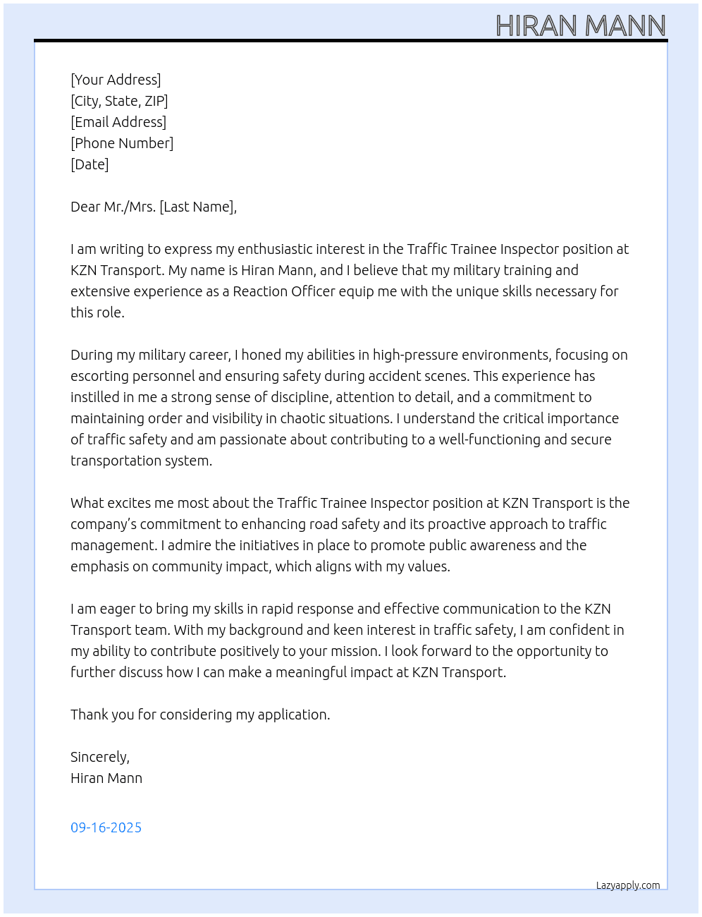 Traffic trainee Inspector  At KZN TRANSPORT  Cover Letter