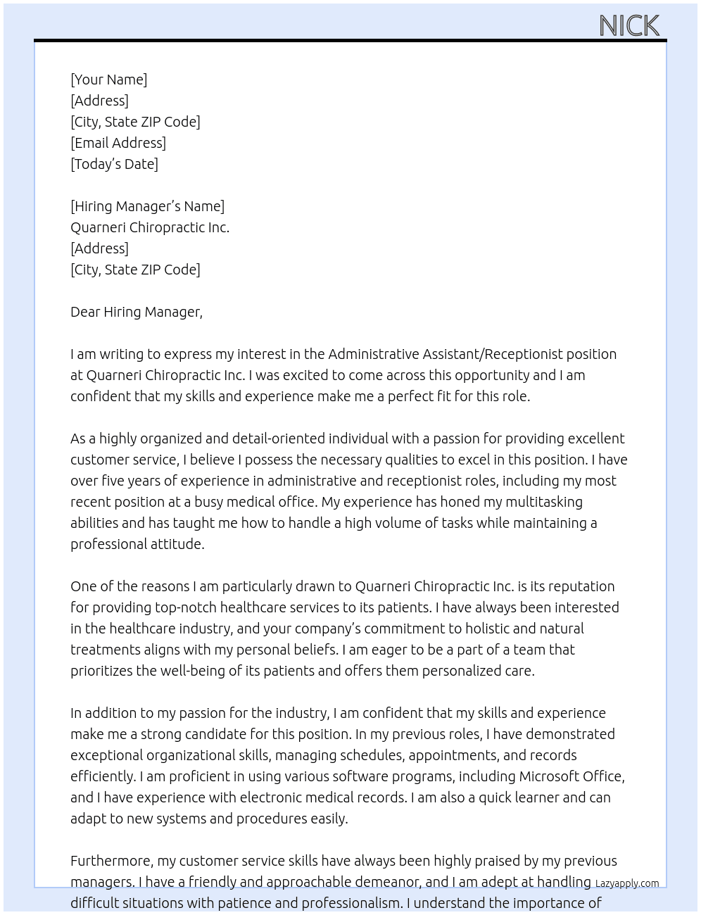Administrative Assistant/Receptionist Doctors Office At Quarneri Chiropractic Inc. Cover Letter