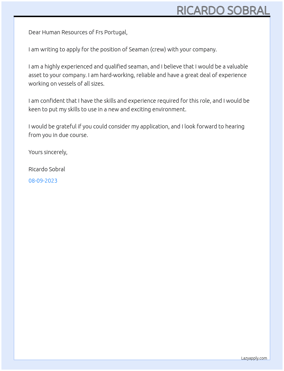 Seamen (crew) At Frs Portugal  Cover Letter