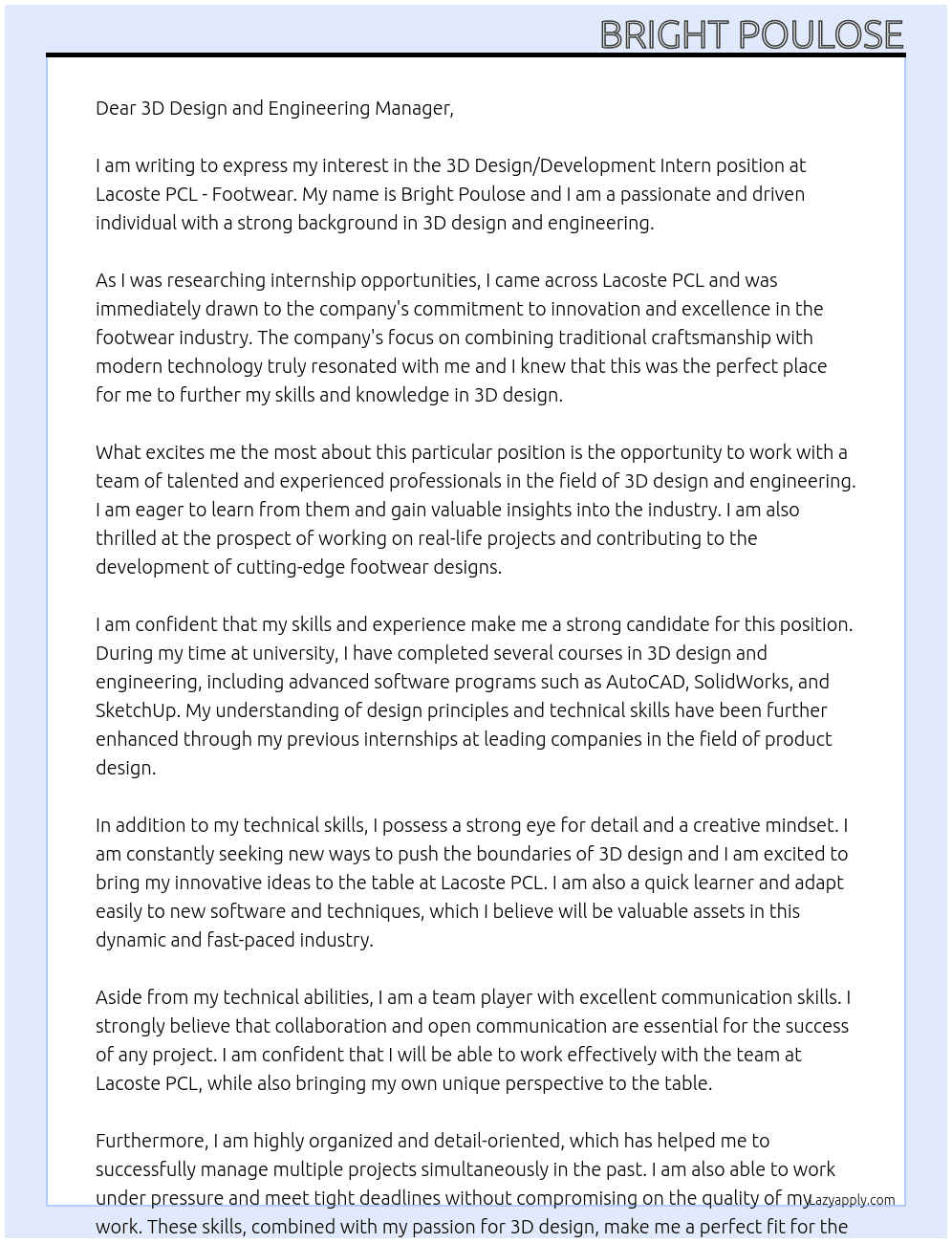 3D Design/Development Intern At Lacoste PCL - Footwear Cover Letter