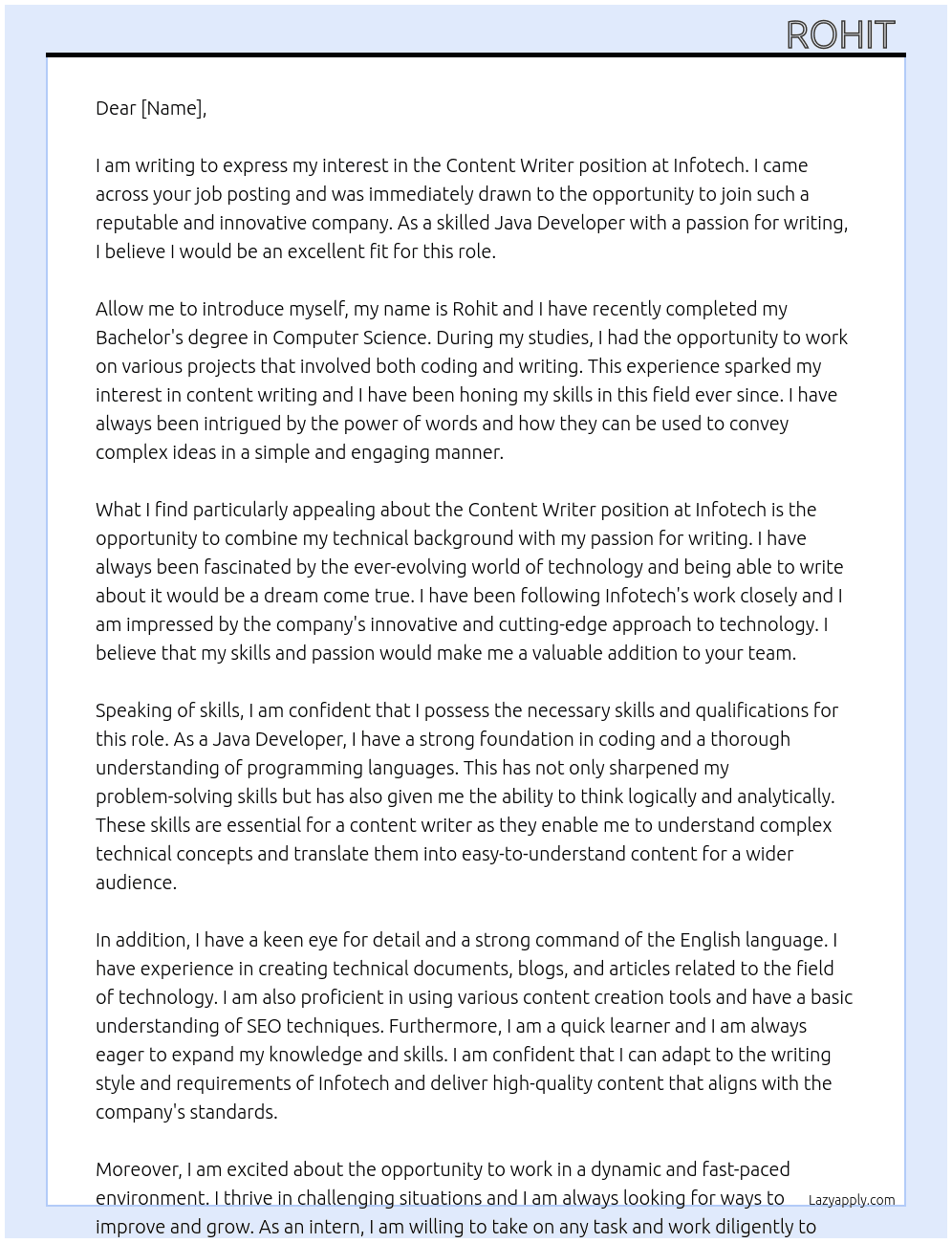 content writter At infotech Cover Letter