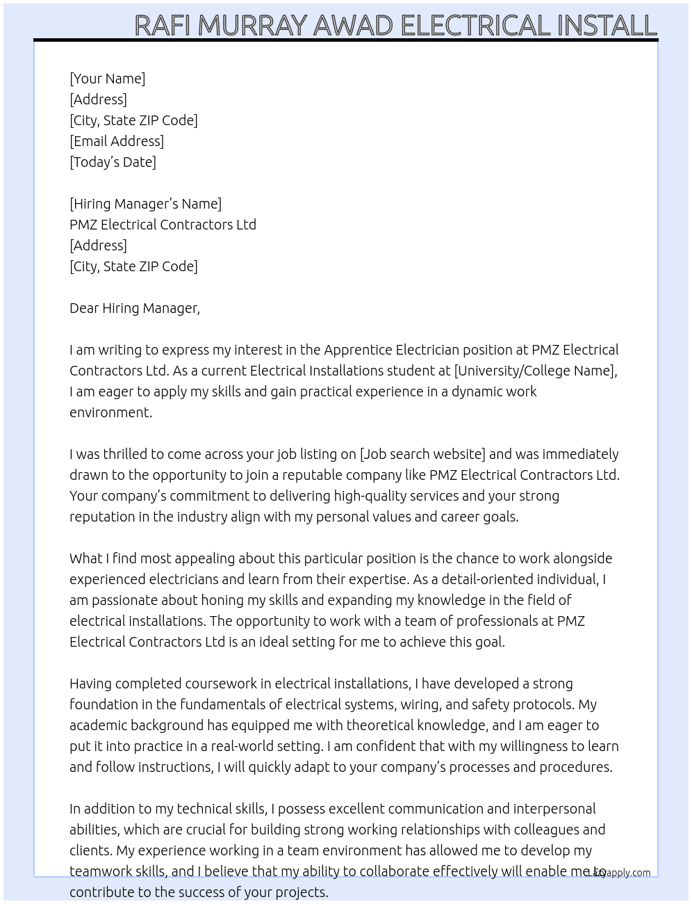 Apprentice Electrician At PMZ Electrical Contractors Ltd  Cover Letter