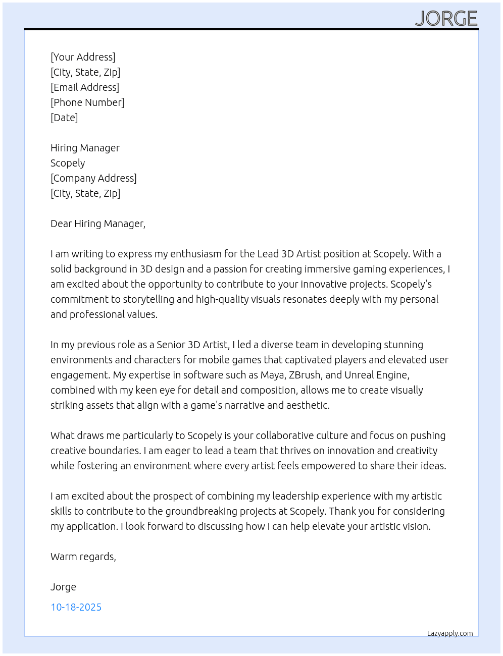 Lead 3d artist  At Scopely Cover Letter