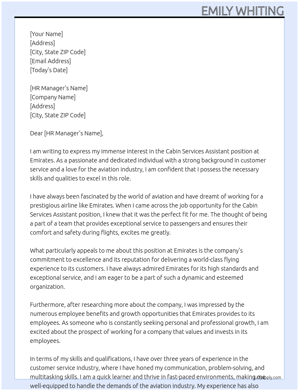 Cabin services assistant  At Emirates  Cover Letter