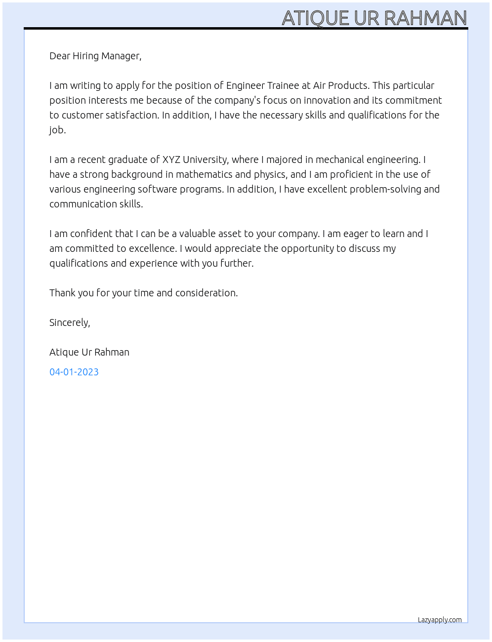 Engineer Trainee At Air Products Cover Letter