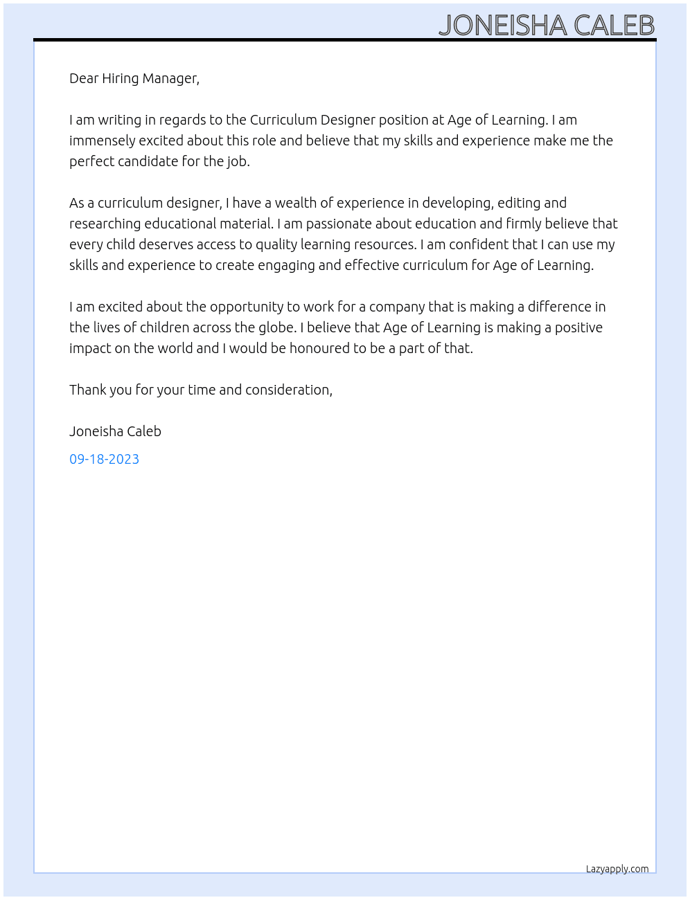 Curriculum Designer At Age of Learning Cover Letter