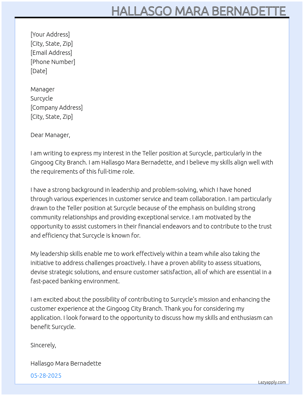 Teller At Surcycle Cover Letter