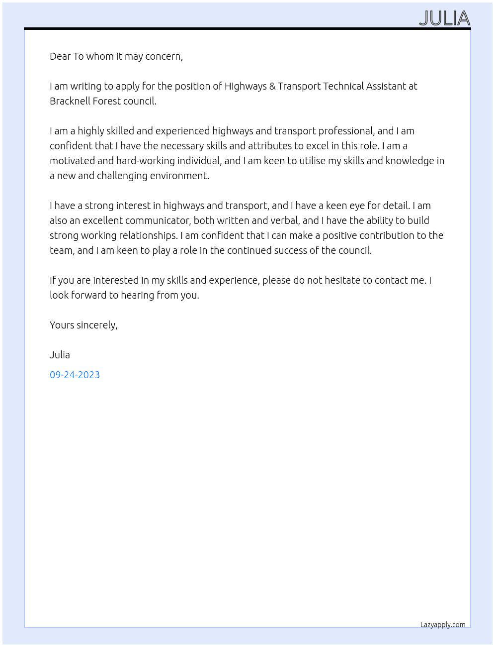 Highways & Transport Technical Assistant At Bracknell forest council  Cover Letter