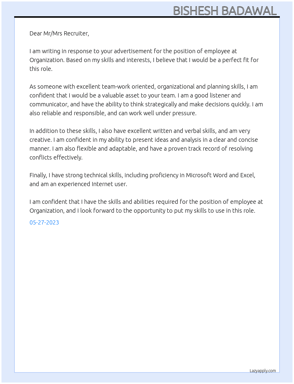 employee At Organization Cover Letter