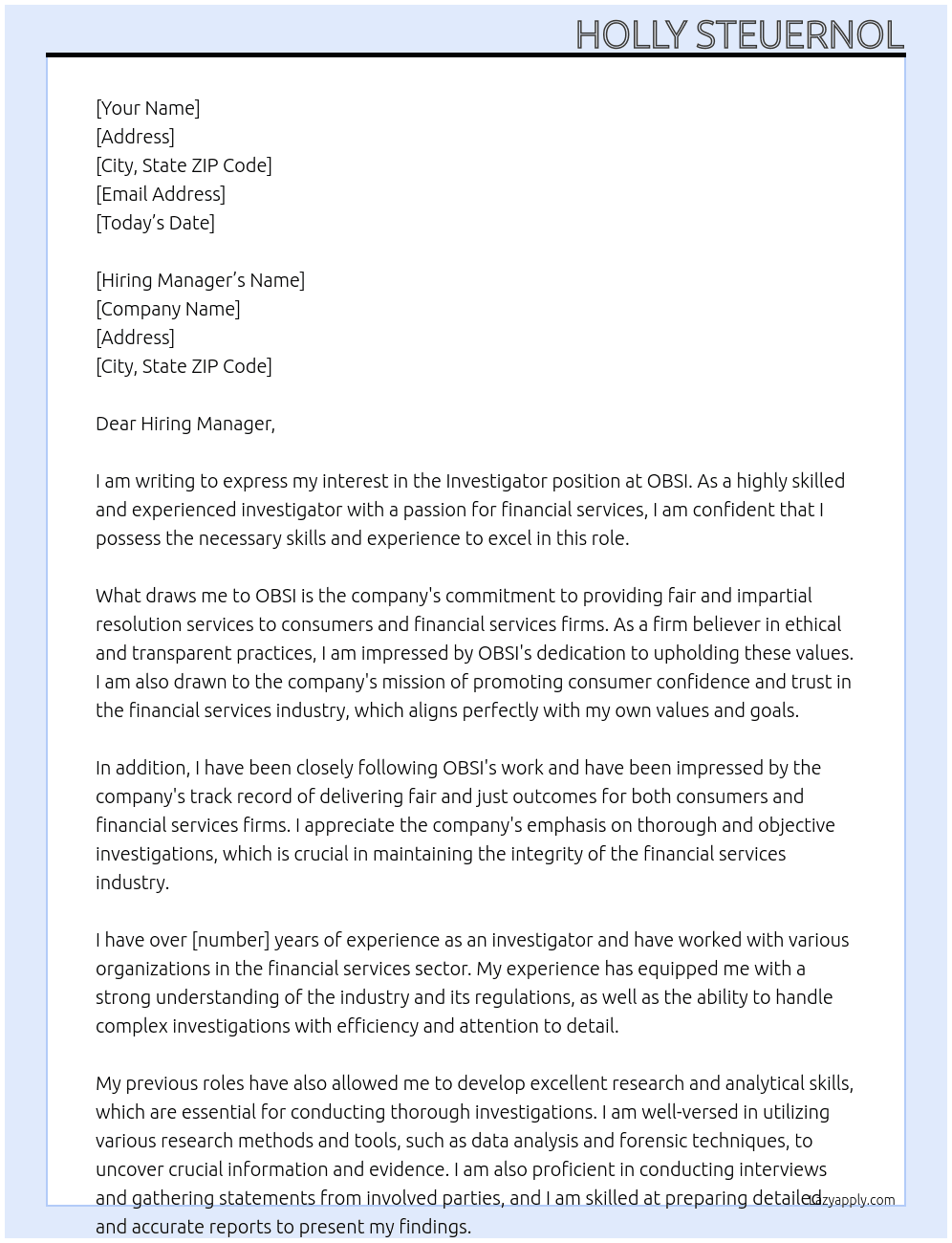 Investigator At OBSI Cover Letter