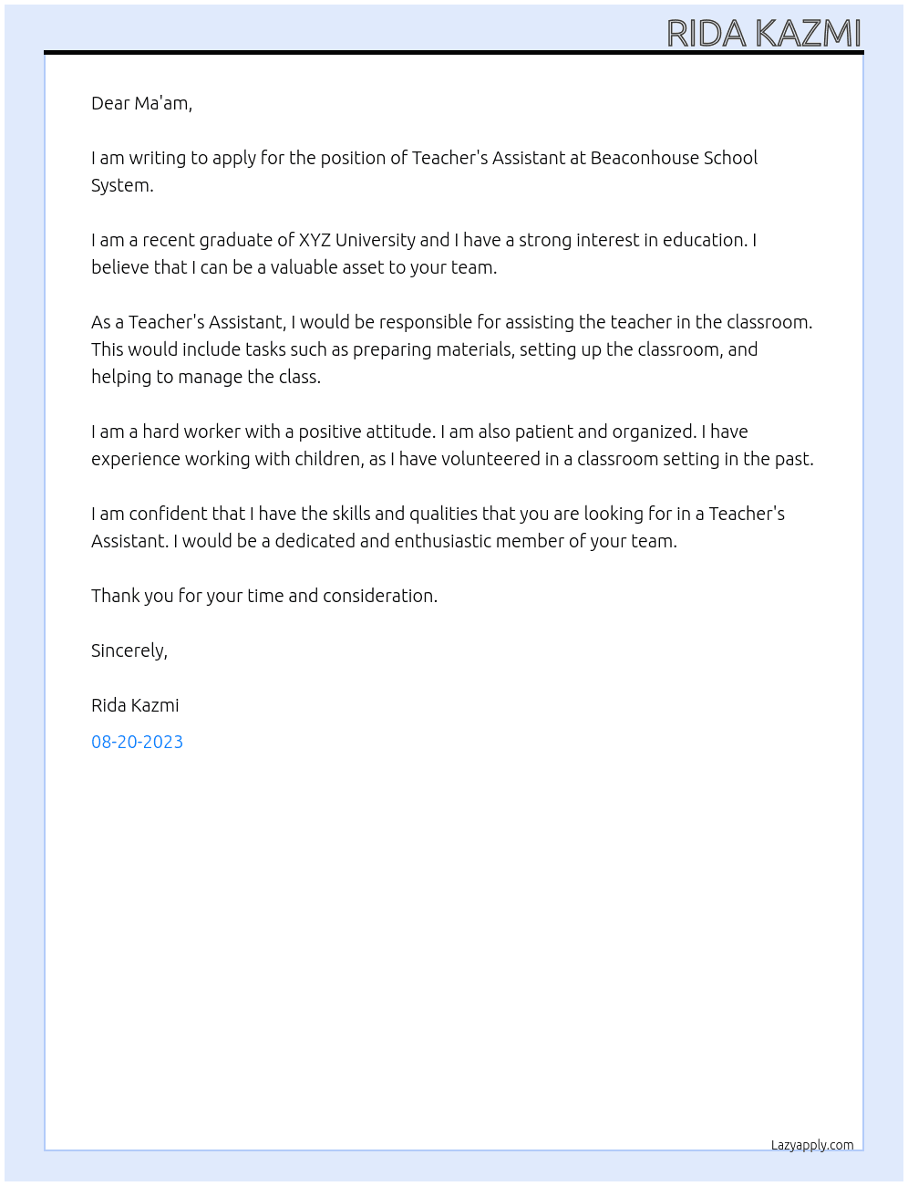 Teacher's Assistant  At Beaconhouse School System Cover Letter