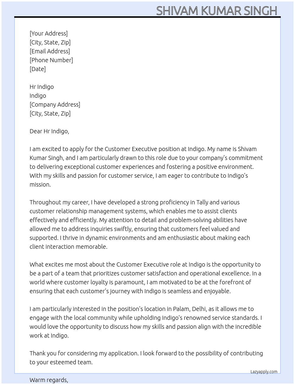 Cover letter for customer executive - LazyApply