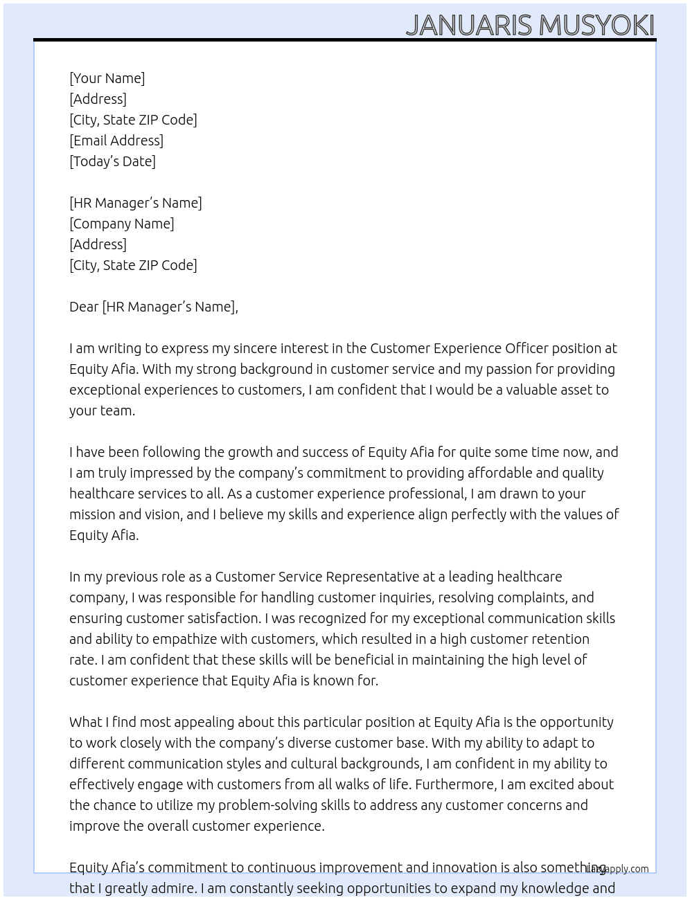 Customer experience  officer At Equity Afia Cover Letter
