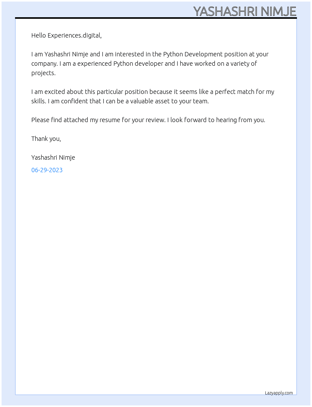 Python Development At Experiences.digital Cover Letter
