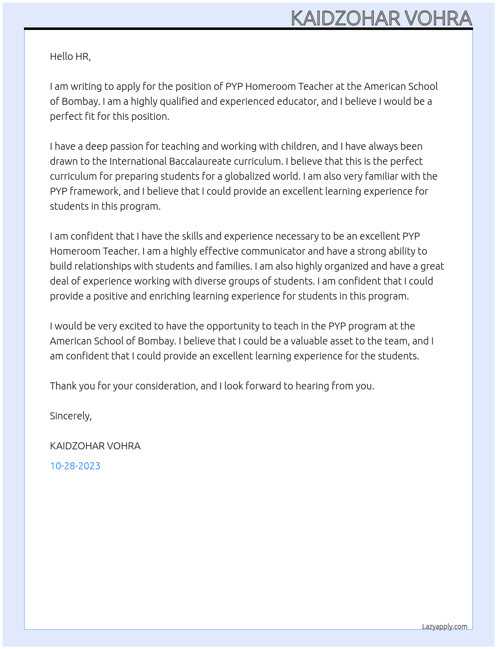 PYP Homeroom Teacher At American School of Bombay Cover Letter