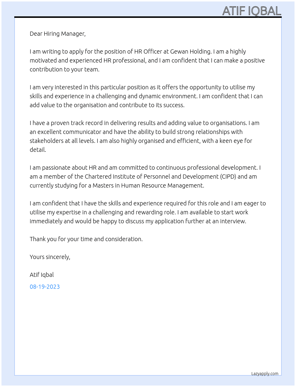 HR Officer  At Gewan Holding  Cover Letter