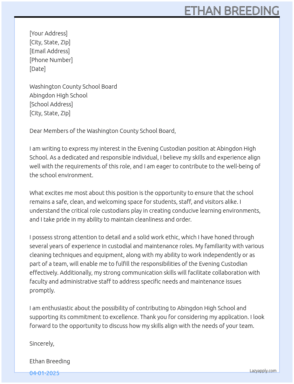 Evening Custodian At Abingdon Highschool Cover Letter