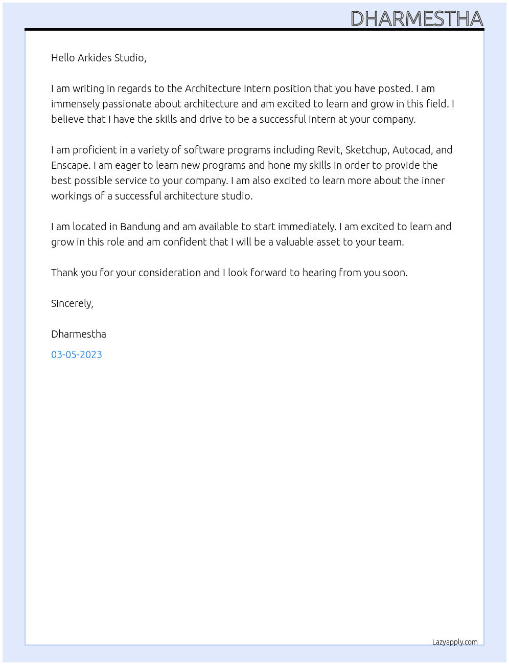 Architecture Intern At Arkides Studio Cover Letter