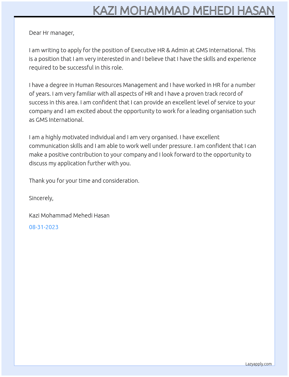 Executive HR & Admin At GMS International  Cover Letter