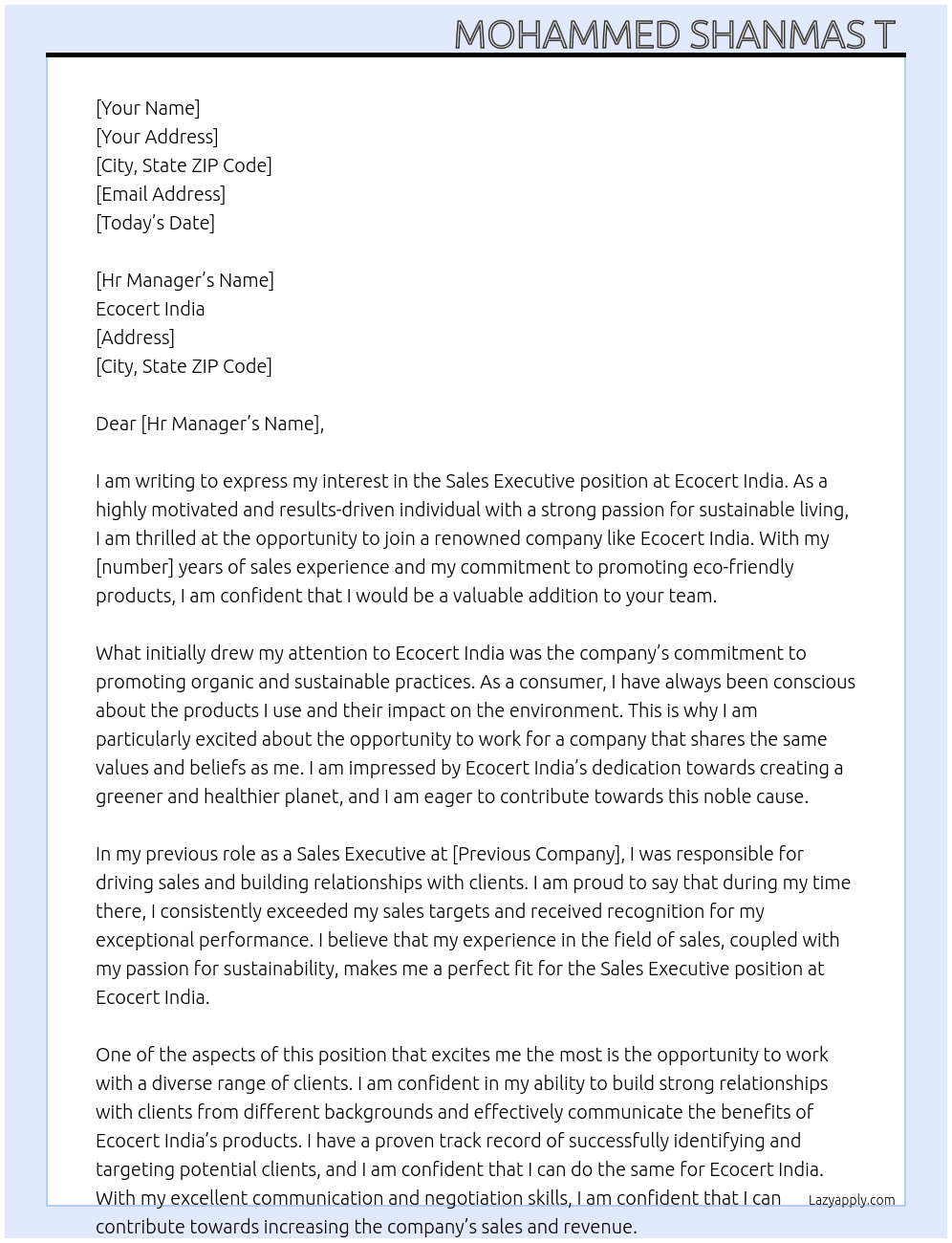 Sales executive  At Ecocert India Cover Letter