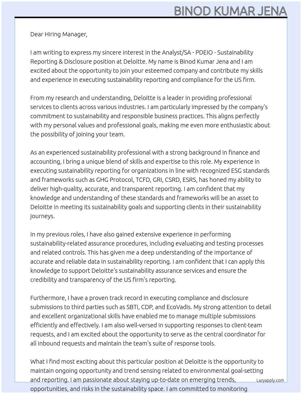 Analyst/SA - PDEIO - Sustainability Reporting & Disclosure At Deloite Cover Letter