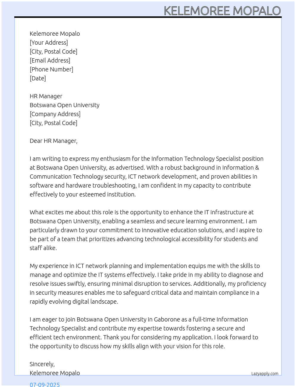 Information Technology Specialist At Botswana Open University Cover Letter