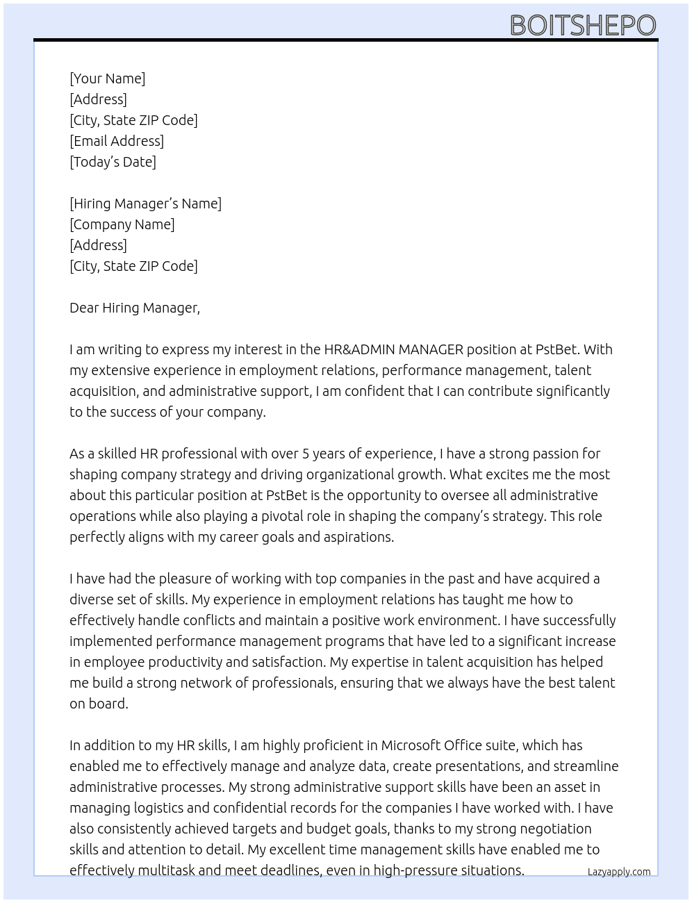 HR&ADMIN MANAGER At PstBet Cover Letter