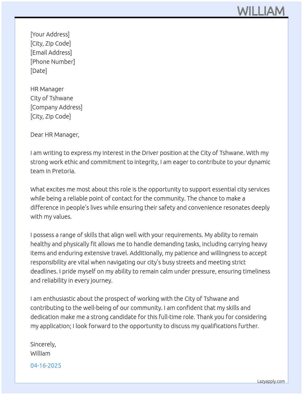 Driver At City of Tshwane  Cover Letter