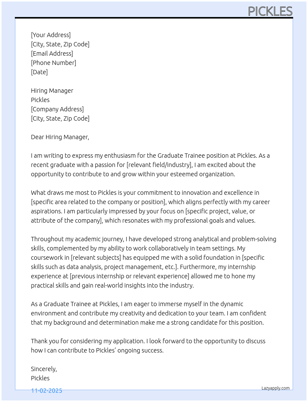 graduate trainee At pickles Cover Letter