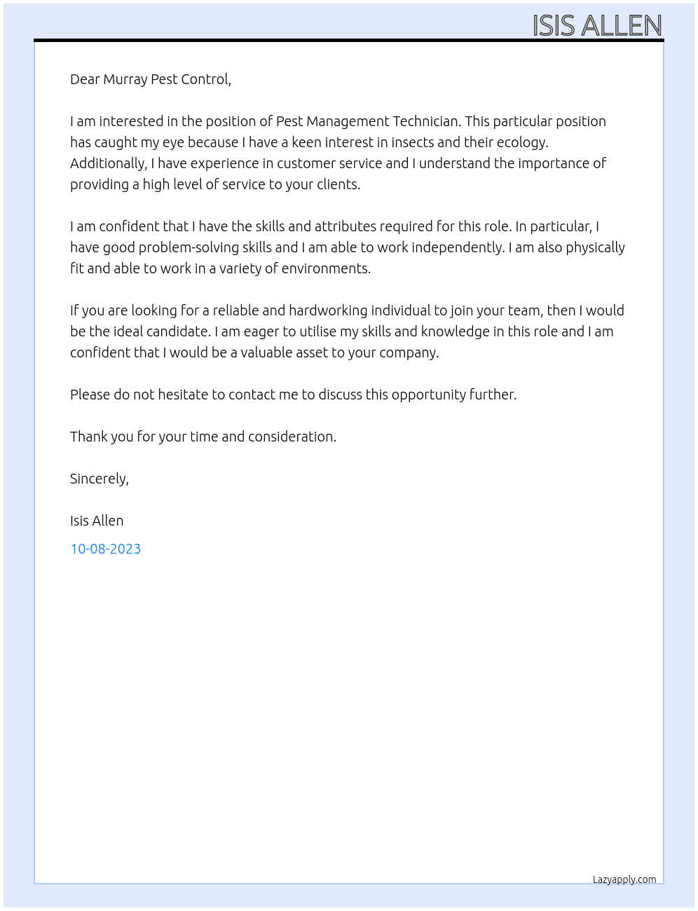 Pest Management Technicians At Murray Pest Control Cover Letter