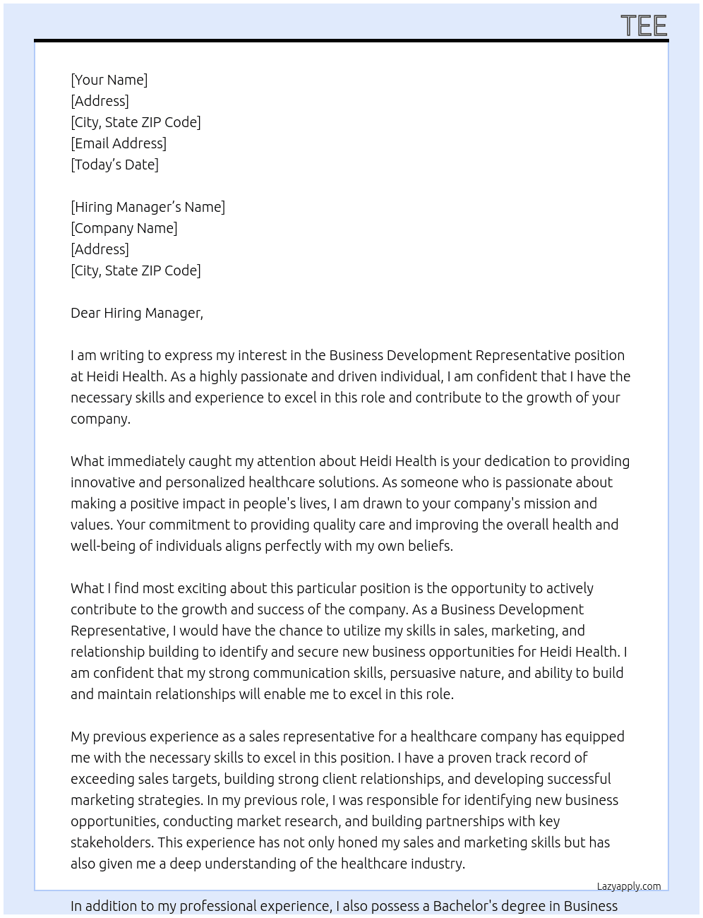 Business Development Representative At Heidi Health Cover Letter