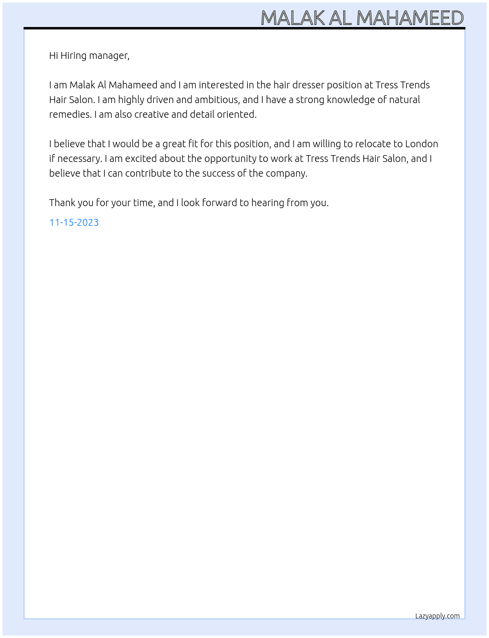 Hair dresser At Tress Trends Hair Salon Cover Letter