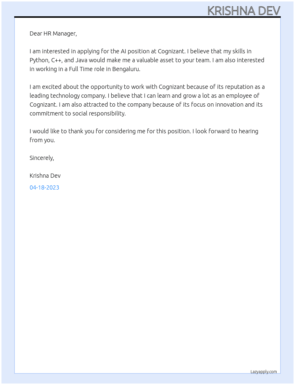 AI  At COGNIZANT  Cover Letter