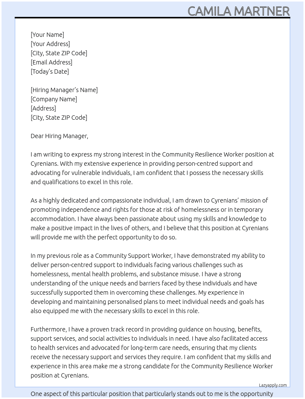 Community Resilience Worker At Cyrenians Cover Letter