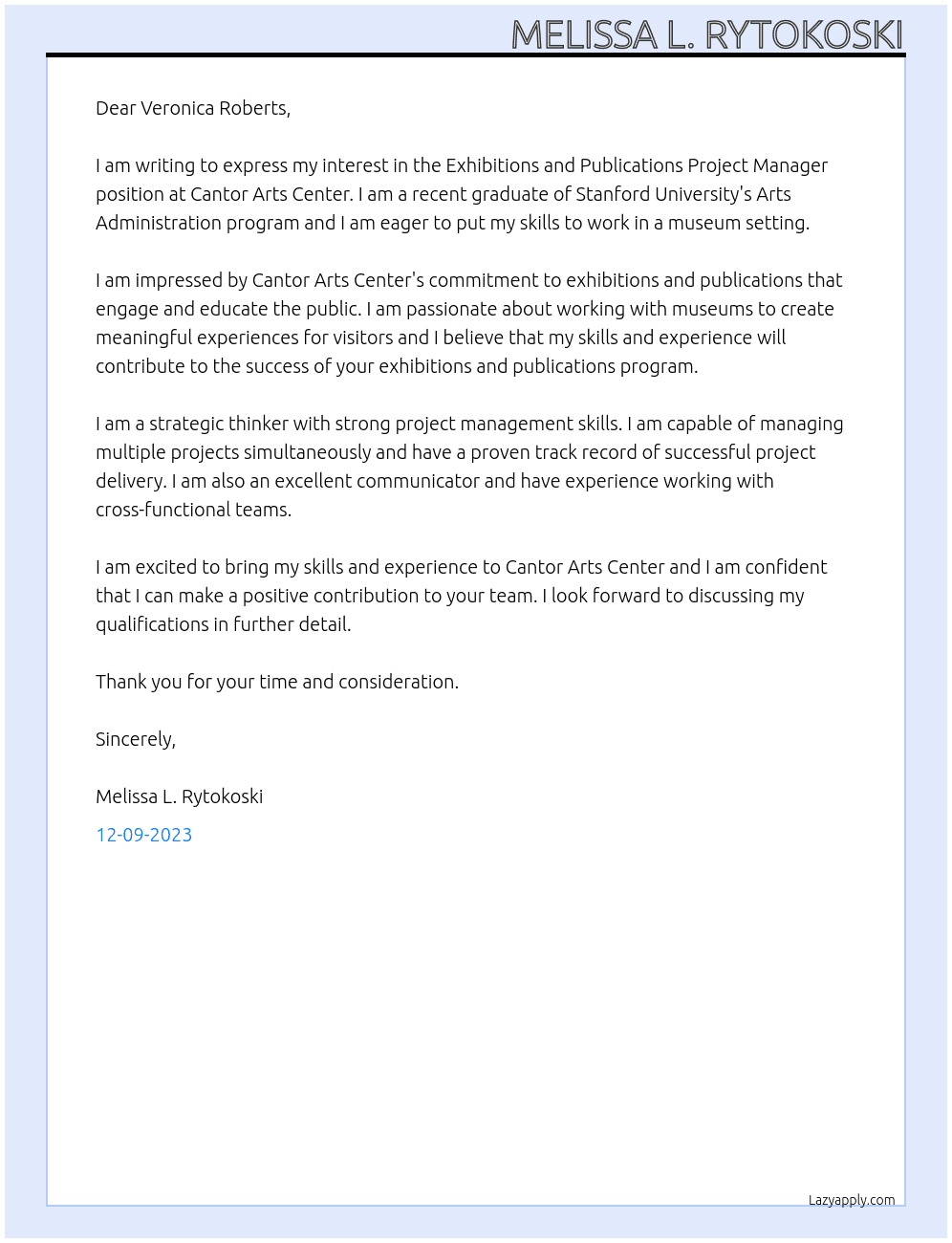 xhibitions and Publications Project Manager, Cantor Arts Center At Stanford University Arts Administration Cover Letter