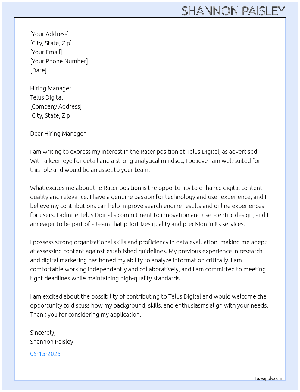 Cover letter for rater - LazyApply