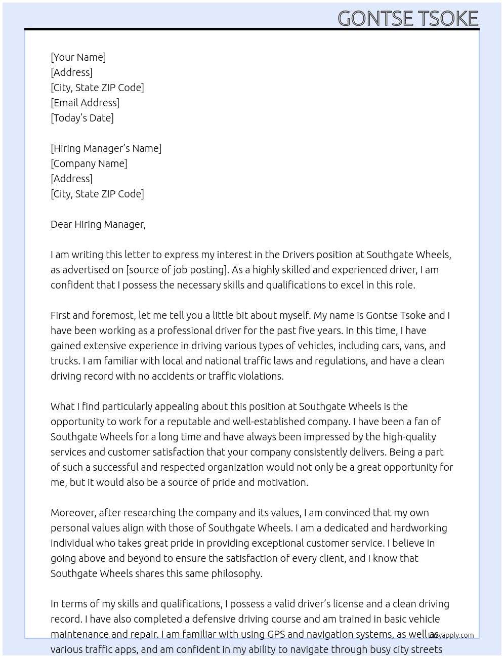 Drivers position  At Southgate wheels  Cover Letter
